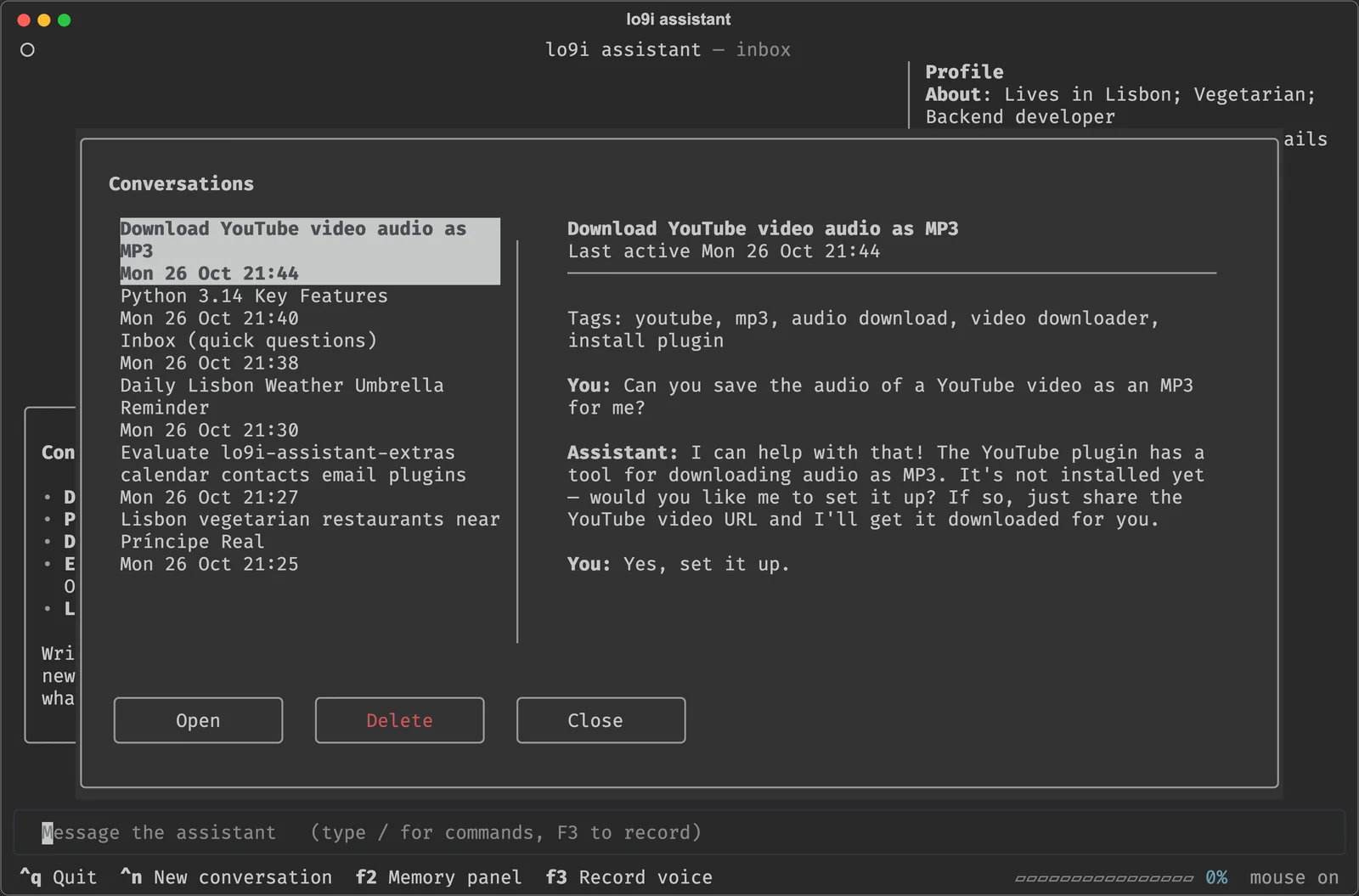 The terminal app's Conversations screen: conversations newest first on the left, and on the right the selected one's title, its tags (youtube, mp3, audio download, video downloader, install plugin) and its messages, with Open, Delete and Close buttons.