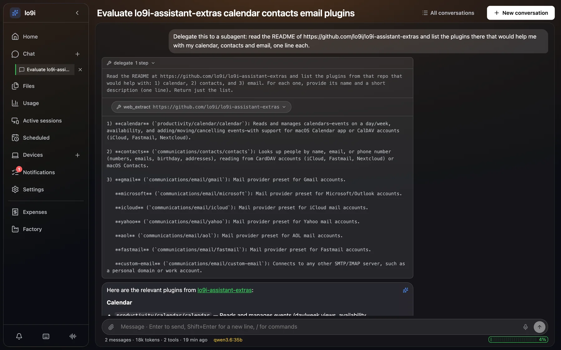 The lo9i web app: a conversation where the assistant delegated reading a GitHub README to a subagent, whose web_extract step and answer show inside the delegate call, followed by the final reply listing calendar, contacts and email plugins.
