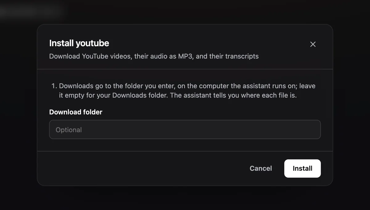 The Install youtube dialog over a conversation: its description, a note on where downloads go, an optional Download folder field, and Cancel and Install buttons.