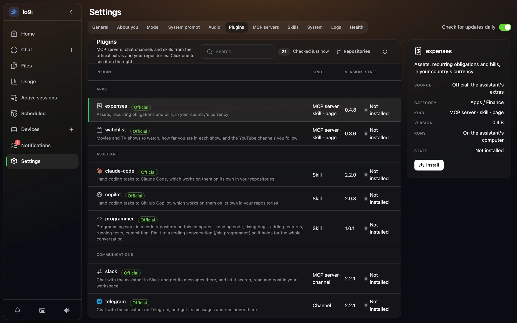Settings, Plugins tab in the web app: 21 plugins grouped under Apps, Assistant and Communications, each with its icon, an Official badge, its kind, version and state, and the expenses plugin's details with an Install button on the right.